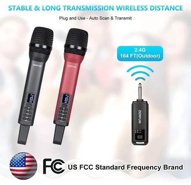Alt view image 5 of 7 - Dual Rechargeable Wireless Microphones, Pro Handheld Cordless Mics System with Echo Treble BASS VOL Control for Karaoke Singing Church Party, 1/4'' Output, Grey&Red