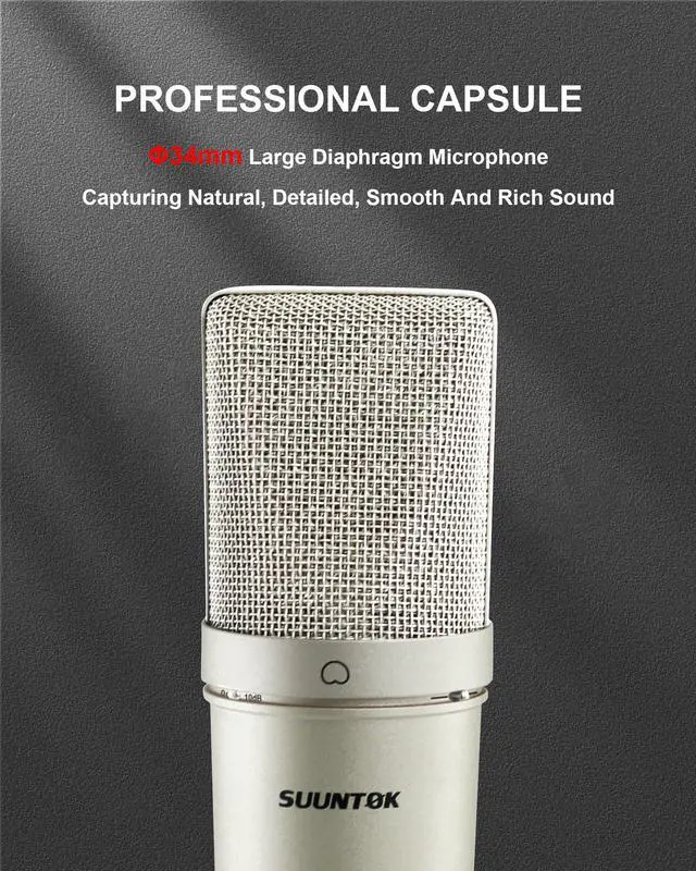 Alt view image 3 of 7 - XLR Microphone, Professional Condenser Microphone with 34mm Large Diaphragm, Cardioid Studio Recording Mic Computer Gaming PC TM87KB Mic Kit for Singing, Podcasting, YouTube (Silver)