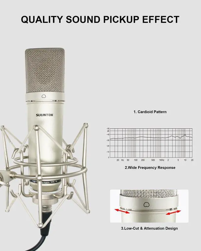 Alt view image 4 of 7 - XLR Microphone, Professional Condenser Microphone with 34mm Large Diaphragm, Cardioid Studio Recording Mic Computer Gaming PC TM87KB Mic Kit for Singing, Podcasting, YouTube (Silver)