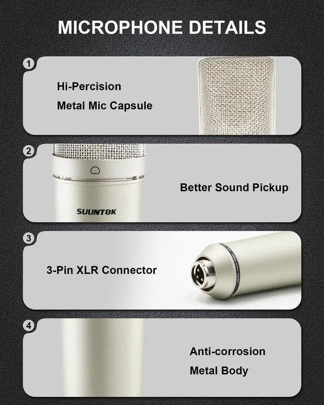 Alt view image 5 of 7 - XLR Microphone, Professional Condenser Microphone with 34mm Large Diaphragm, Cardioid Studio Recording Mic Computer Gaming PC TM87KB Mic Kit for Singing, Podcasting, YouTube (Silver)
