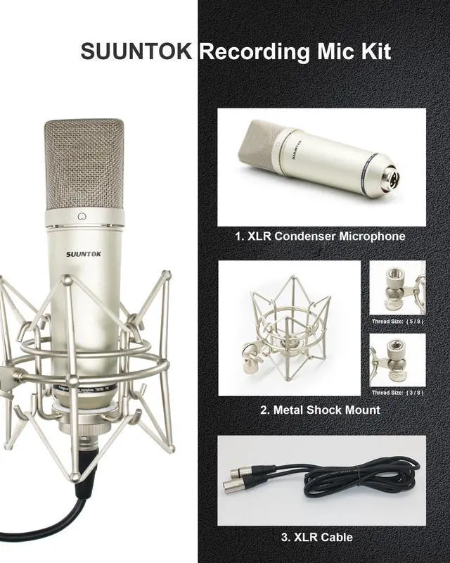 Alt view image 6 of 7 - XLR Microphone, Professional Condenser Microphone with 34mm Large Diaphragm, Cardioid Studio Recording Mic Computer Gaming PC TM87KB Mic Kit for Singing, Podcasting, YouTube (Silver)