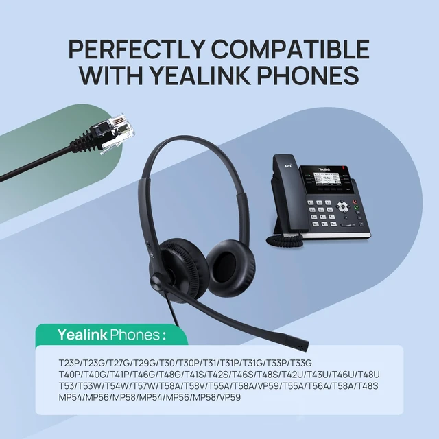 Alt view image 2 of 7 - Phone Headsets for Office Phones YHS34 QD to RJ9 Wired Headset | Leather ear pads,Compatible with Poly Snom Grandstream Phones Desk Landline Headset with Microphone -Mono/72g/2.1m Cable