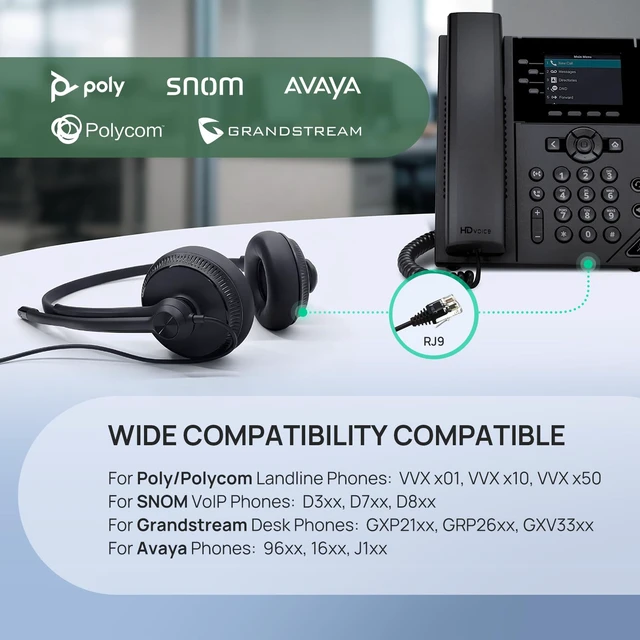 Alt view image 3 of 7 - Phone Headsets for Office Phones YHS34 QD to RJ9 Wired Headset | Leather ear pads,Compatible with Poly Snom Grandstream Phones Desk Landline Headset with Microphone -Mono/72g/2.1m Cable