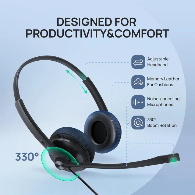 Alt view image 6 of 7 - Phone Headsets for Office Phones YHS34 QD to RJ9 Wired Headset | Leather ear pads,Compatible with Poly Snom Grandstream Phones Desk Landline Headset with Microphone -Mono/72g/2.1m Cable