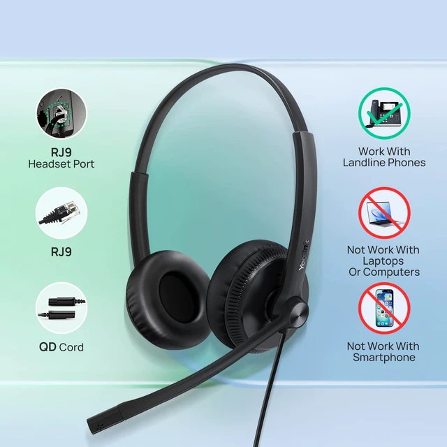 Alt view image 4 of 7 - Phone Headsets for Office Phones YHS34 QD to RJ9 Wired Headset | Leather ear pads,Compatible with Poly Snom Grandstream Phones Desk Landline Headset with Microphone -Mono/72g/2.1m Cable