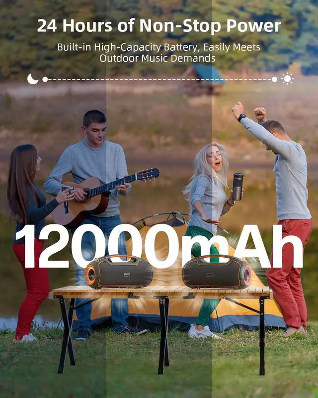 Alt view image 6 of 7 - Portable Bluetooth Speakers Wireless, 200W MAX Loud Powerful Speaker w/Deep Bass, IP65 Waterproof/ BT5.4, for Outdoor, Party, Camping, Tailgating, Beach, Large Workshop, Garage, 24H Playtime