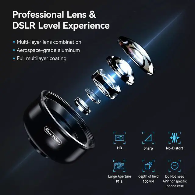 Alt view image 3 of 7 - HB100 10X HD Macro Lens for iPhone, F1.8 Aperture with 45 Fill Light Modes, Phone Clip for Smartphones Compatible with iPhone 17/16/15/14, Samsung, Google Pixel, and More