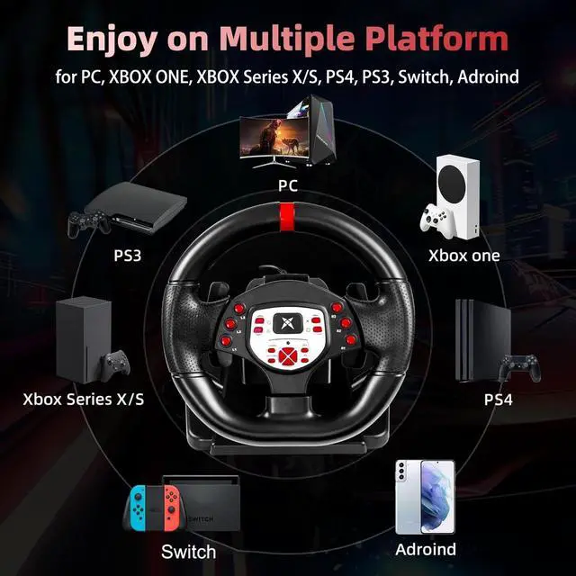 Alt view image 2 of 7 - Racing Wheel - Gaming Steering Wheel for PC, 180 Degree Universal Usb Car Sim Race Steering Wheel with Pedals for PS4, PS3, Xbox Series X|S, Xbox One, Switch - Height & Tilt Adjustable