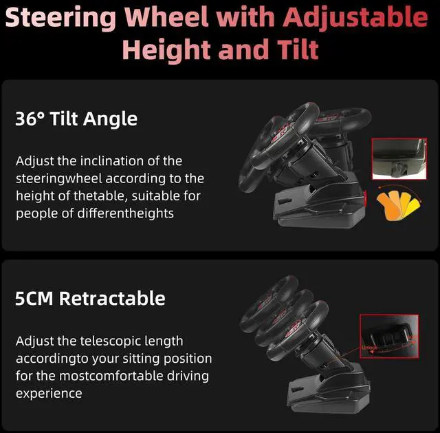 Alt view image 5 of 7 - Racing Wheel - Gaming Steering Wheel for PC, 180 Degree Universal Usb Car Sim Race Steering Wheel with Pedals for PS4, PS3, Xbox Series X|S, Xbox One, Switch - Height & Tilt Adjustable