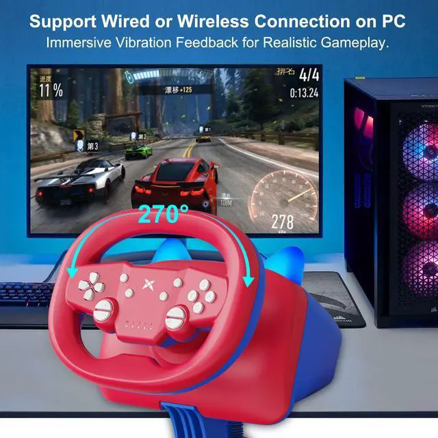 Alt view image 5 of 7 - Gaming Steering Wheel with Pedals, 270 Degree Racing Wheel with Dual-Vibration Motors, Wireless Steering Wheel for PS4, PC, Switch, PS3, IOS, Android Racing Games