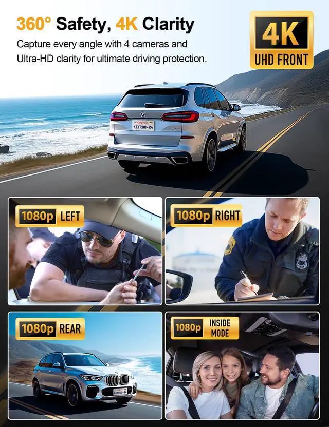 Alt view image 2 of 7 - 360° View 4K 4 Channel Dash Cam Front and Rear Inside Left Right, Built-in GPS, 5.8GHz WiFi, Car Dash Camera for Cars with App Connect, Support Parking Mode, G-Sensor, Free 128GB Card