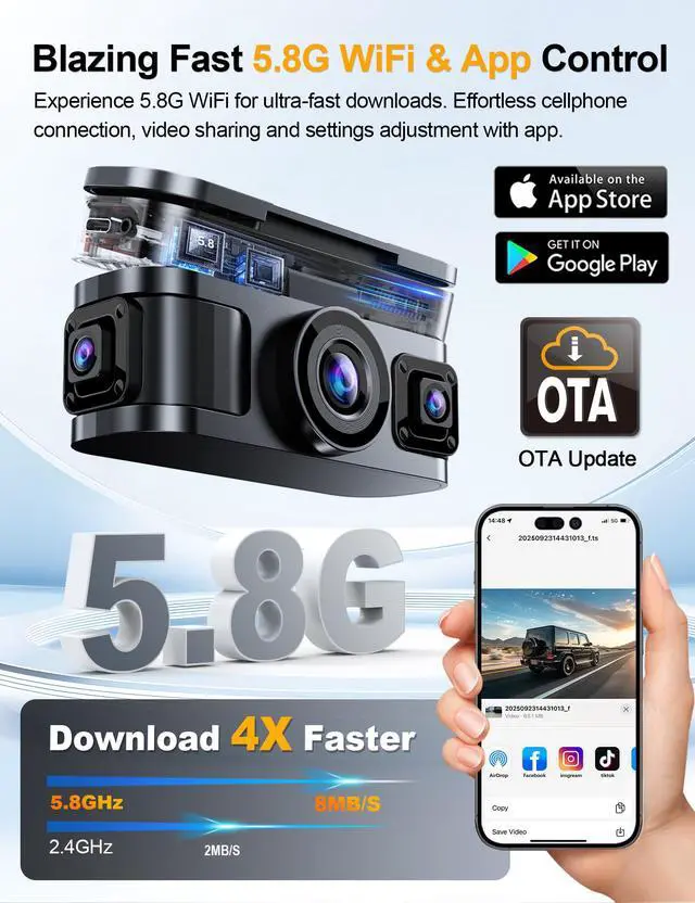 Alt view image 3 of 7 - 360° View 4K 4 Channel Dash Cam Front and Rear Inside Left Right, Built-in GPS, 5.8GHz WiFi, Car Dash Camera for Cars with App Connect, Support Parking Mode, G-Sensor, Free 128GB Card