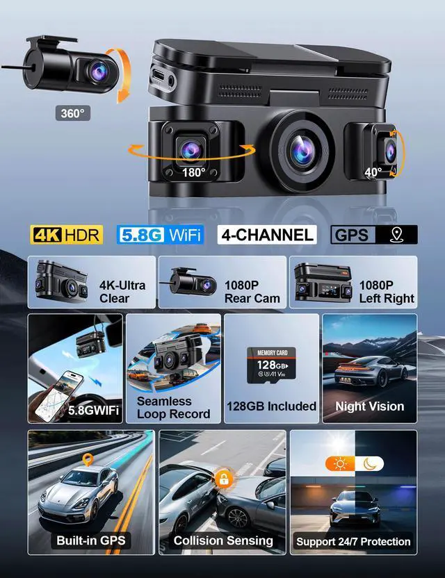 Alt view image 7 of 7 - 360° View 4K 4 Channel Dash Cam Front and Rear Inside Left Right, Built-in GPS, 5.8GHz WiFi, Car Dash Camera for Cars with App Connect, Support Parking Mode, G-Sensor, Free 128GB Card