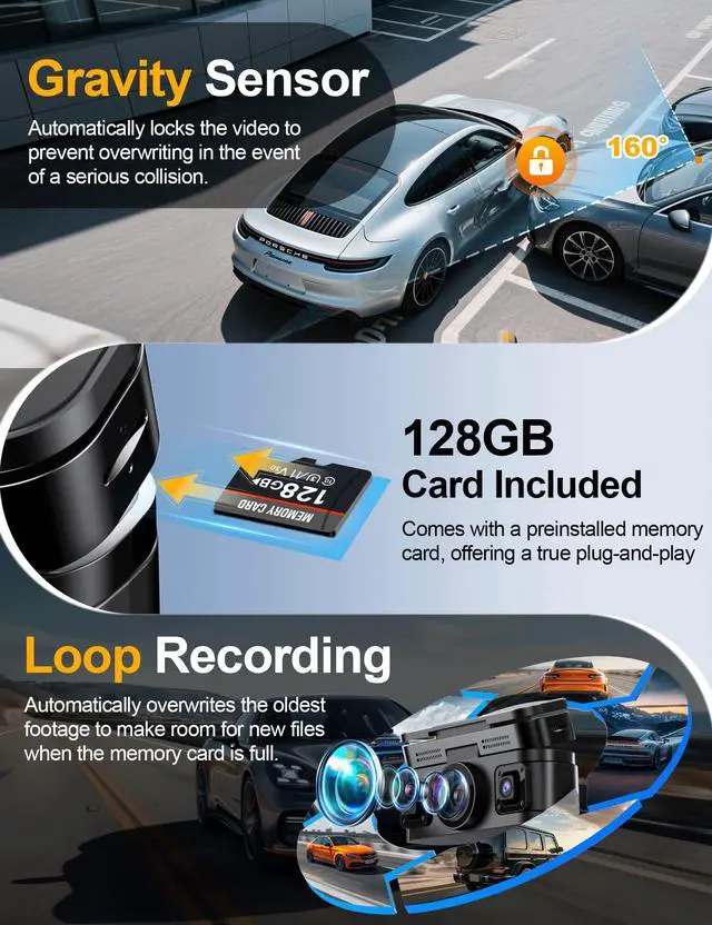Alt view image 6 of 7 - 360° View 4K 4 Channel Dash Cam Front and Rear Inside Left Right, Built-in GPS, 5.8GHz WiFi, Car Dash Camera for Cars with App Connect, Support Parking Mode, G-Sensor, Free 128GB Card