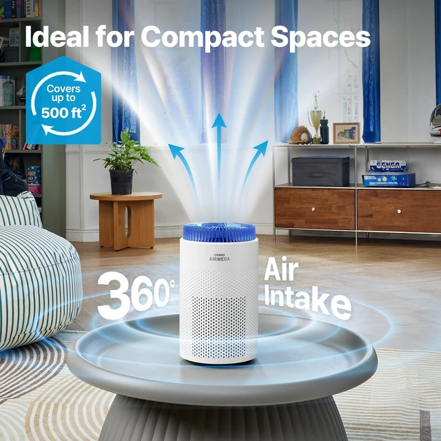 Alt view image 2 of 7 - COWAY Air Purifier for Bedroom up to 500 ft², HEPA and Deodorization Filter for Smoke, Allergies, Pet Dander, AQI Monitor, Auto Mode, Filter Indicator, Night Light, 2yr Warranty, Airmega 50 White