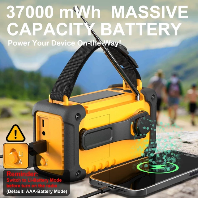 Alt view image 3 of 7 - Emergency Weather Radio,10000mAh NOAA Hand Crank Bluetooth Speaker Radio,Portable AM FM Shortwave Radio with Large Capacity, USB/Solar/Crank Charge,Battery Operated, SOS Alarm & Flashlight (Yellow)