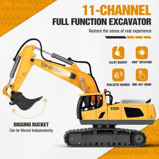 Alt view image 2 of 7 - Remote Control Excavator Toy for Boys | 11-Channel Metal Construction Truck with Lights, 2×1200mAh Batteries, 120-Min Playtime | RC Excavator Toys for Kids Ages 3-12, STEM Gift for Birthday
