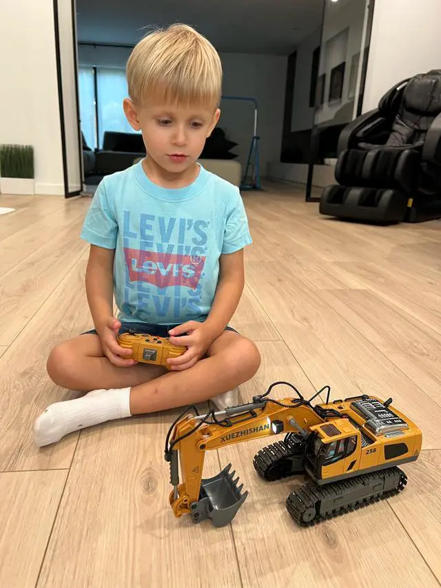 Alt view image 7 of 7 - Remote Control Excavator Toy for Boys | 11-Channel Metal Construction Truck with Lights, 2×1200mAh Batteries, 120-Min Playtime | RC Excavator Toys for Kids Ages 3-12, STEM Gift for Birthday