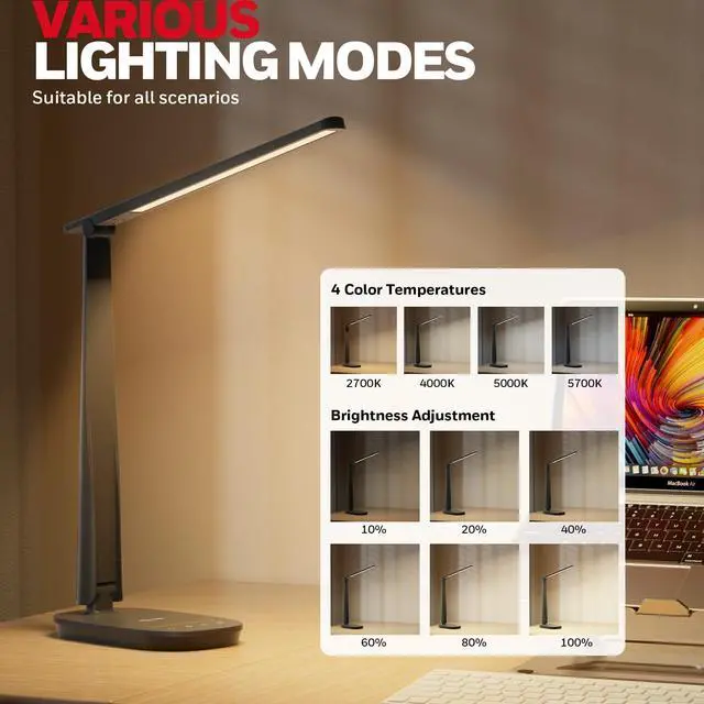Alt view image 2 of 7 - HWT-H2 LED Desk Lamp, Eye-Caring Full Spectrum, USB Charging | CRI94 Full Spectrum Eye-Caring Light, Low Blue Light, 4 Color Modes, USB-A & USB-C Charging, Foldable Touch Control