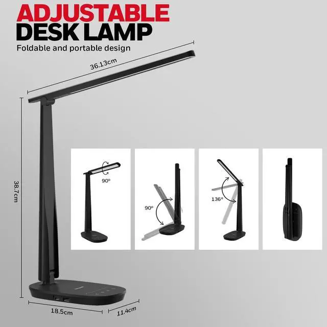 Alt view image 3 of 7 - HWT-H2 LED Desk Lamp, Eye-Caring Full Spectrum, USB Charging | CRI94 Full Spectrum Eye-Caring Light, Low Blue Light, 4 Color Modes, USB-A & USB-C Charging, Foldable Touch Control