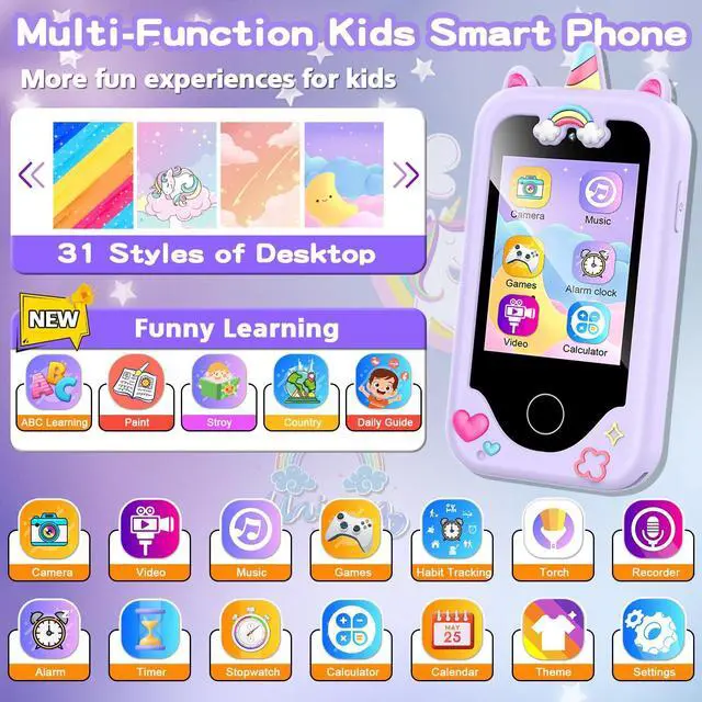 Alt view image 2 of 7 - Kids Smart Phone for Girls, Christmas Birthday Gifts for Girls Age 3-10 Kids Toys Cell Phone, 2.8" Touchscreen Toddler Learning Play Toy Phone with Dual Camera, Game, Music Player, 8GB Card Purple