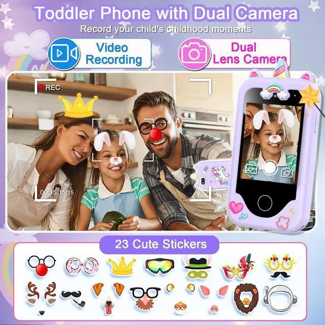 Alt view image 3 of 7 - Kids Smart Phone for Girls, Christmas Birthday Gifts for Girls Age 3-10 Kids Toys Cell Phone, 2.8" Touchscreen Toddler Learning Play Toy Phone with Dual Camera, Game, Music Player, 8GB Card Purple