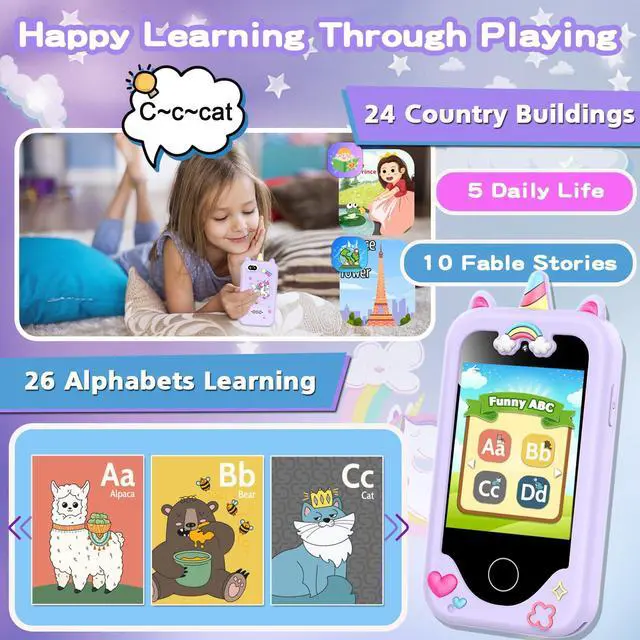 Alt view image 4 of 7 - Kids Smart Phone for Girls, Christmas Birthday Gifts for Girls Age 3-10 Kids Toys Cell Phone, 2.8" Touchscreen Toddler Learning Play Toy Phone with Dual Camera, Game, Music Player, 8GB Card Purple