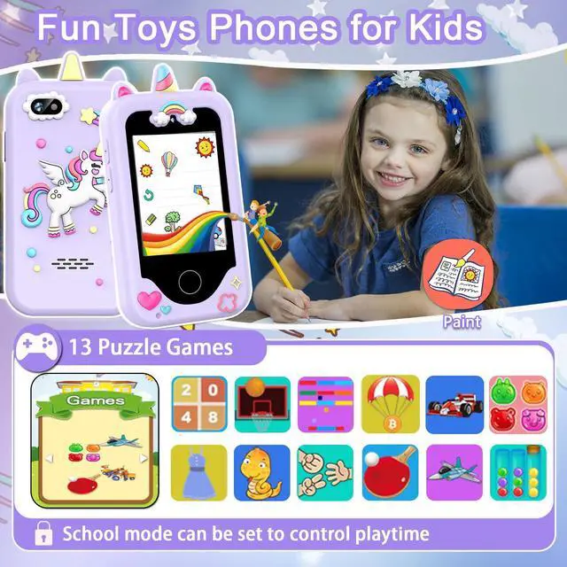 Alt view image 5 of 7 - Kids Smart Phone for Girls, Christmas Birthday Gifts for Girls Age 3-10 Kids Toys Cell Phone, 2.8" Touchscreen Toddler Learning Play Toy Phone with Dual Camera, Game, Music Player, 8GB Card Purple