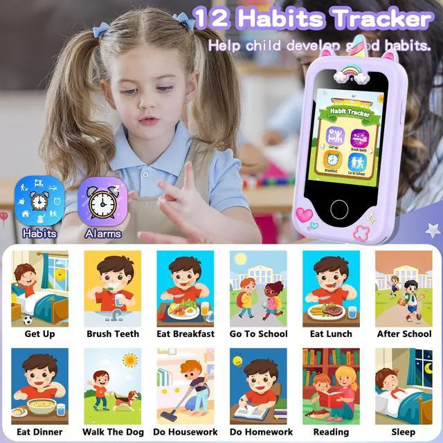 Alt view image 6 of 7 - Kids Smart Phone for Girls, Christmas Birthday Gifts for Girls Age 3-10 Kids Toys Cell Phone, 2.8" Touchscreen Toddler Learning Play Toy Phone with Dual Camera, Game, Music Player, 8GB Card Purple