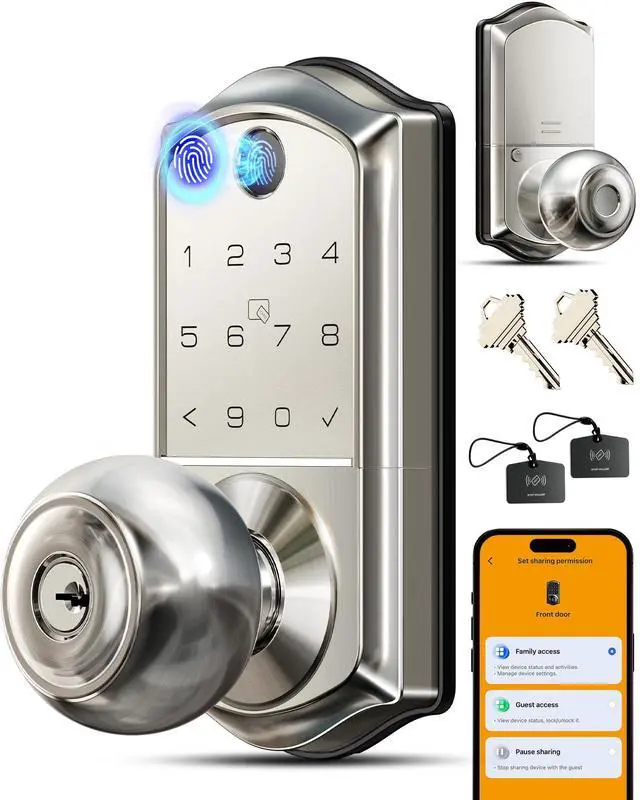 Main image of VE018 Smart Knob Handle Lock - Fingerprint, App Control, Keyless Entry for Front Door and Bedroom, Electronic Digital Keypad, Auto Lock, Remote Access Sharing, IP55 Weatherproof, Satin Nickel