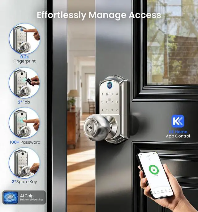 Alt view image 2 of 7 - VE018 Smart Knob Handle Lock - Fingerprint, App Control, Keyless Entry for Front Door and Bedroom, Electronic Digital Keypad, Auto Lock, Remote Access Sharing, IP55 Weatherproof, Satin Nickel