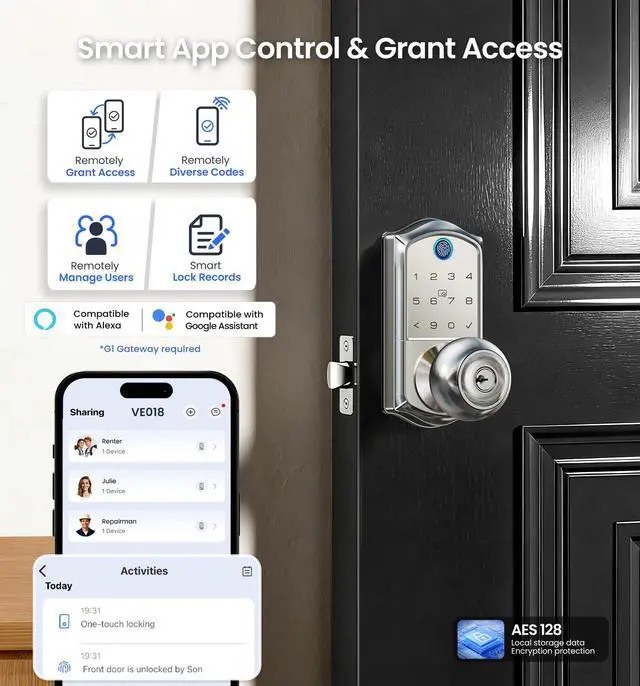 Alt view image 3 of 7 - VE018 Smart Knob Handle Lock - Fingerprint, App Control, Keyless Entry for Front Door and Bedroom, Electronic Digital Keypad, Auto Lock, Remote Access Sharing, IP55 Weatherproof, Satin Nickel