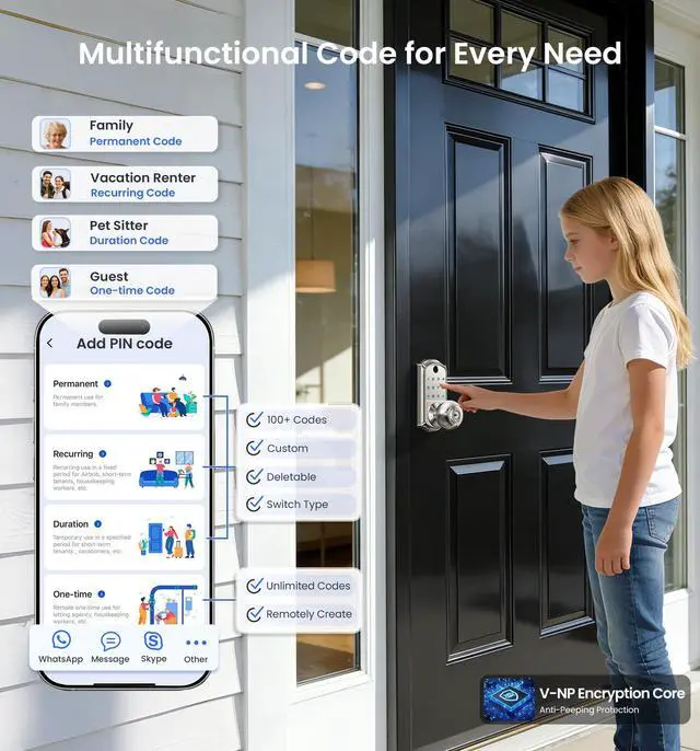 Alt view image 4 of 7 - VE018 Smart Knob Handle Lock - Fingerprint, App Control, Keyless Entry for Front Door and Bedroom, Electronic Digital Keypad, Auto Lock, Remote Access Sharing, IP55 Weatherproof, Satin Nickel