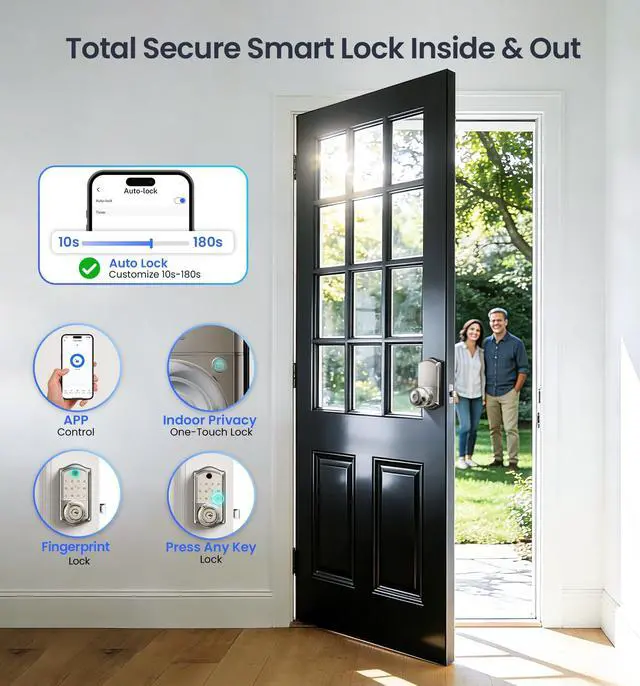 Alt view image 6 of 7 - VE018 Smart Knob Handle Lock - Fingerprint, App Control, Keyless Entry for Front Door and Bedroom, Electronic Digital Keypad, Auto Lock, Remote Access Sharing, IP55 Weatherproof, Satin Nickel