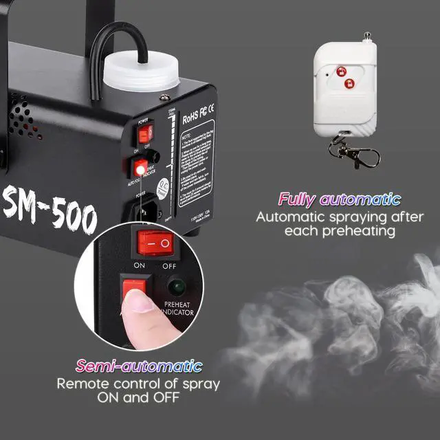 Alt view image 3 of 7 - Fog Machine 500W Mini Smoke machine with Wireless Remote Control and Auto Mode Portable for Parties,Outdoor,Halloween,Wedding,Stage,Effect,indoor,Disco and Disinfection 2000CFM,Fuse Protection