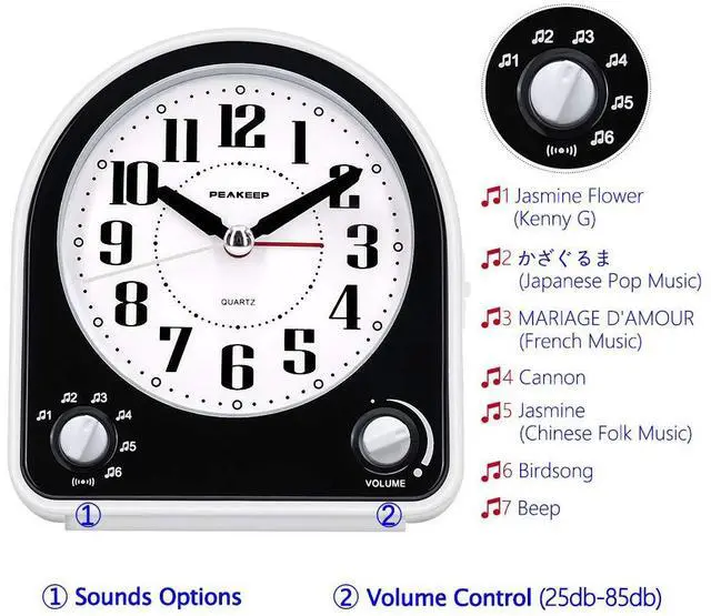 Alt view image 2 of 6 - Analog Alarm Clock Non-Ticking Silent, Optional 7 Wake-up Sounds with Volume Control, Nightlight and Snooze, AA Battery Operated (Black)
