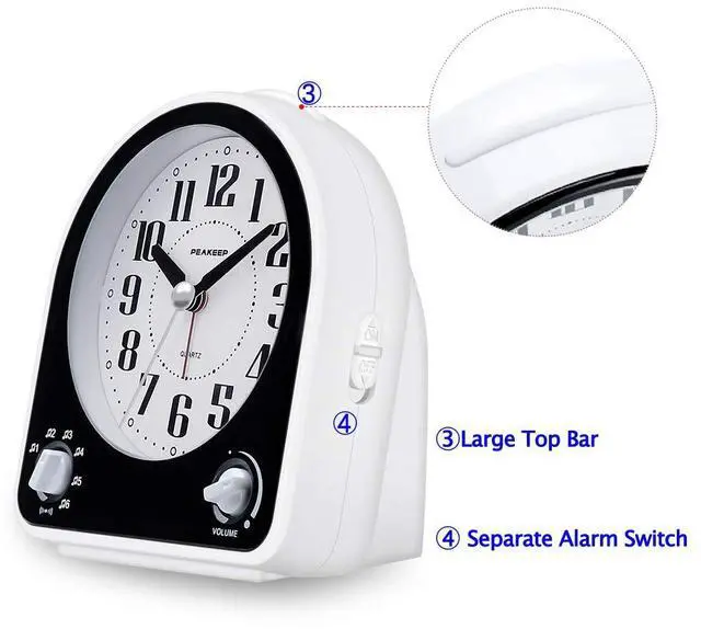 Alt view image 3 of 6 - Analog Alarm Clock Non-Ticking Silent, Optional 7 Wake-up Sounds with Volume Control, Nightlight and Snooze, AA Battery Operated (Black)