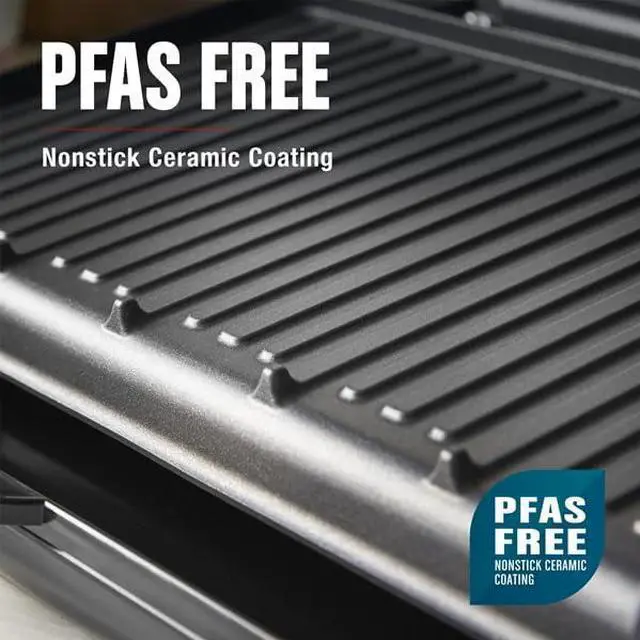 Alt view image 2 of 7 - Family-Size Grill & Panini Press, Nonstick Ceramic Coating, Fat-Removing Slope, Adjustable Angle, Indoor/Outdoor Use