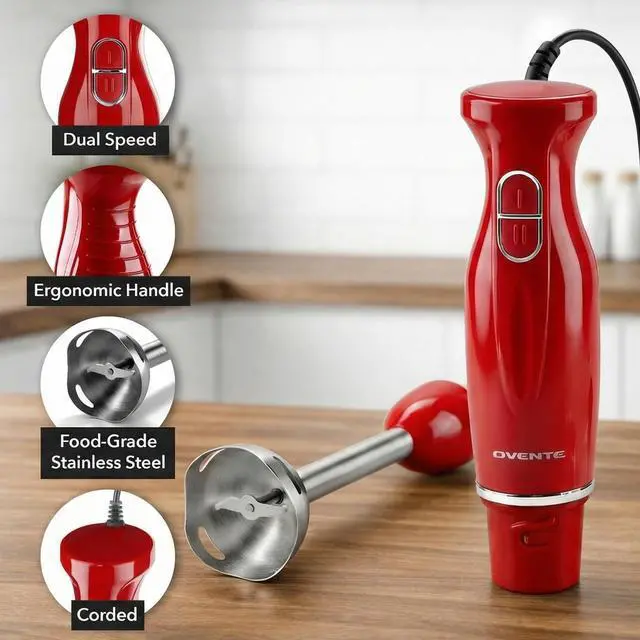 Alt view image 2 of 7 - Immersion Hand Blender, 300W Corded Electric Handheld Stick Mixer with 2 Mixing Speeds and Stainless Steel Blades for Smoothies, Purees & Baby Food, Red HS560R