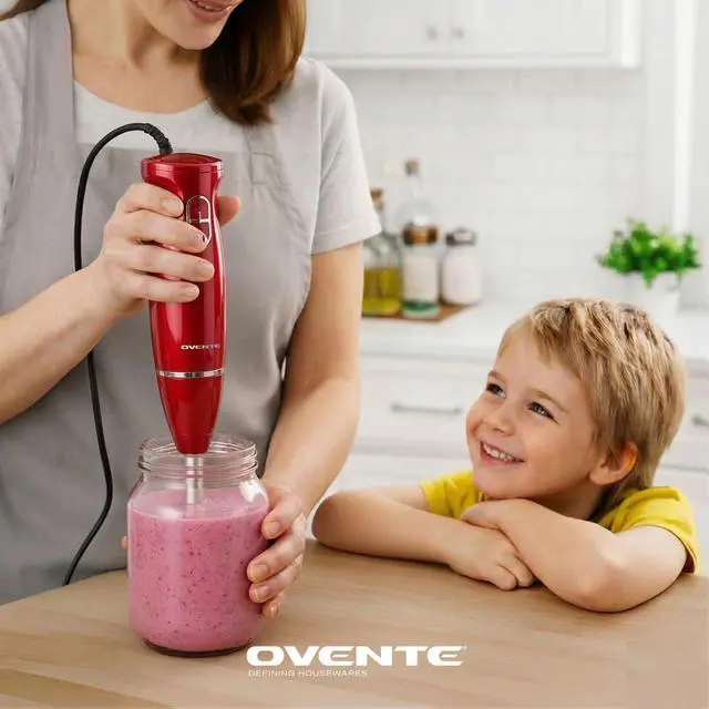 Alt view image 3 of 7 - Immersion Hand Blender, 300W Corded Electric Handheld Stick Mixer with 2 Mixing Speeds and Stainless Steel Blades for Smoothies, Purees & Baby Food, Red HS560R