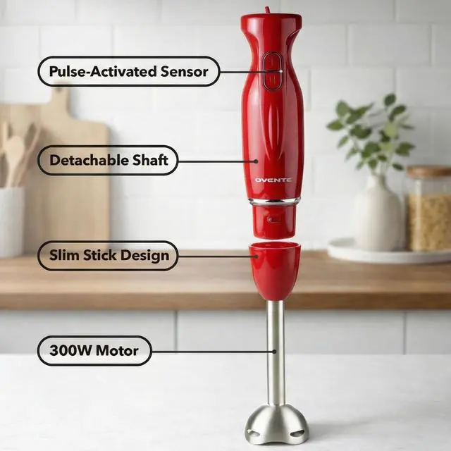 Alt view image 4 of 7 - Immersion Hand Blender, 300W Corded Electric Handheld Stick Mixer with 2 Mixing Speeds and Stainless Steel Blades for Smoothies, Purees & Baby Food, Red HS560R