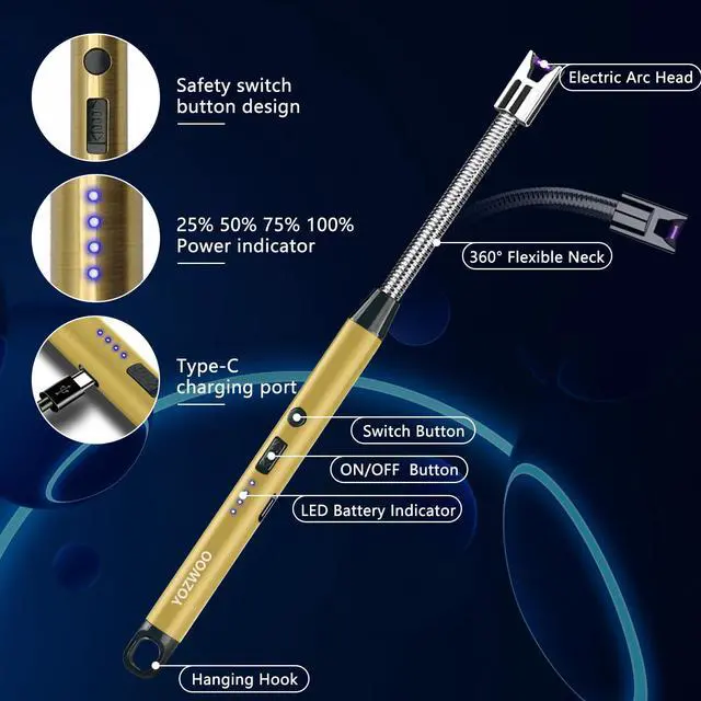 Alt view image 2 of 7 - Rechargeable USB C Lighter - Windproof Flameless Plasma Arc Lighter with 360 Flexible Neck and LED Battery Display for Candle, Fireworks, Cooking (Gold)