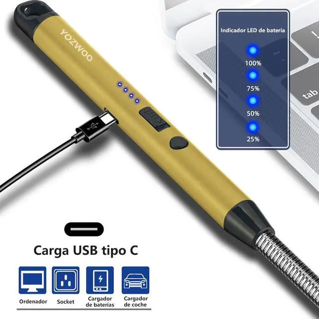 Alt view image 6 of 7 - Rechargeable USB C Lighter - Windproof Flameless Plasma Arc Lighter with 360 Flexible Neck and LED Battery Display for Candle, Fireworks, Cooking (Gold)