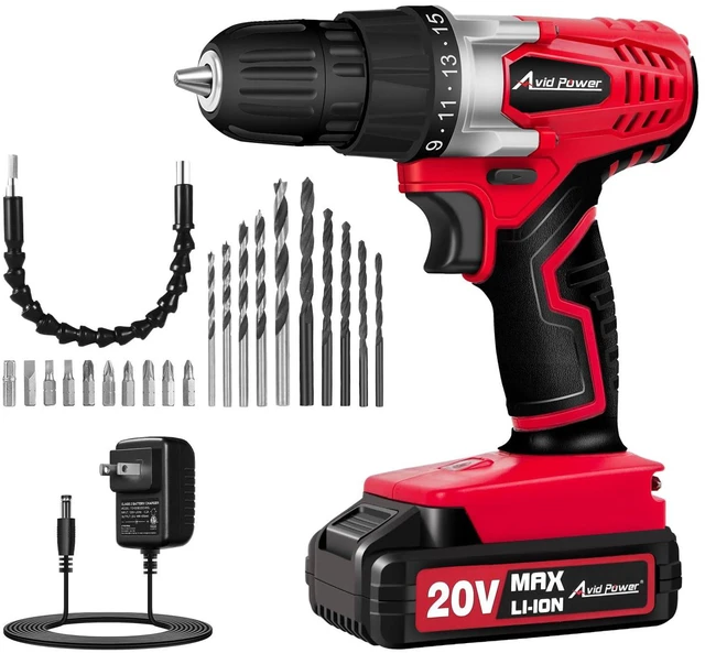 Main image of 20V Cordless Drill Set for Home DIY & Beginner Projects - Lightweight Power Drill with Battery Charger & 22 Bits, Variable Speed, 3/8" Keyless Chuck, Ideal for Furniture Assembly (Red)