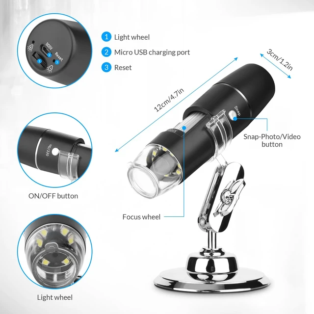 Alt view image 5 of 7 - Handheld Digital Microscope Wireless Portable for Kids Adults 50x-1000x Magnification with 360 Rotate Stand Compatible with iOS/Android iPhone, iPad