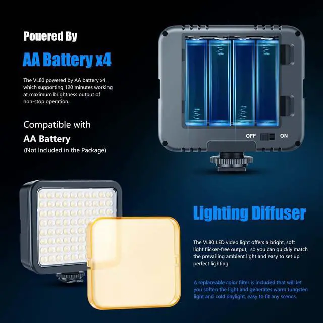 Alt view image 4 of 7 - VL80 LED Video Light Kit Portable Continuous on Camera Photography Lighting Ultra Bright with Mini Tripod & Color Filters for Streaming Video Conferencing Gaming TikTok Vlogging