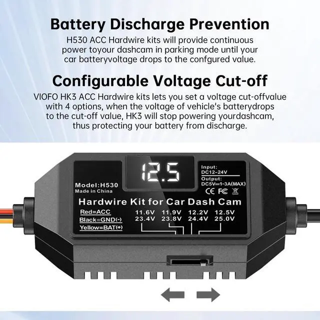 Alt view image 5 of 7 - Dash Cam Hardwire Kit USB C with Acc Detection, 12V-24V to 5V/3A Adapter Power Cable with Voltage Display, 4-Level Low Voltage Protection for Dash Camera 24/7 Parking Mode & Continuous Recording
