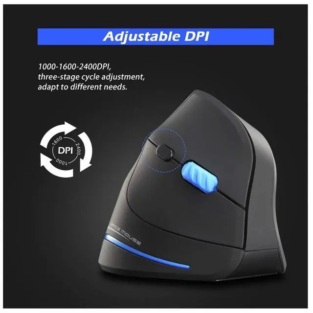 Alt view image 7 of 7 - Vertical Wireless Mouse,2.4G USB Optical Ergonomic Mice with 3 Adjustable DPI 1000/1600/2400 and 6 Buttons for Laptop, PC, Computer, Desktop, Black