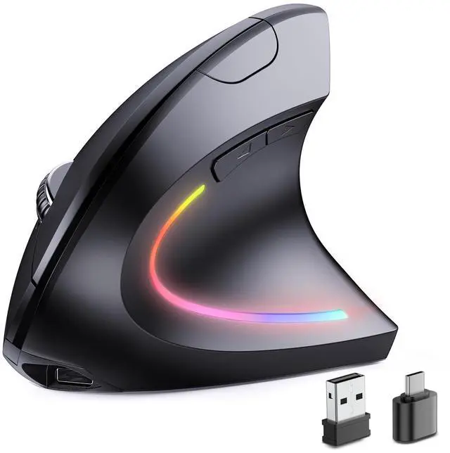 Main image of Bluetooth+USB A+USB C(3 in 1)Rechargeable Ergonomic Mouse, Wireless Vertical Design, 5 Adjustable Levels Up to 4800 DPI, 2.4G Carpal Tunnel Silent Mice for PC,Laptop,MacBook,Chromebook-Black
