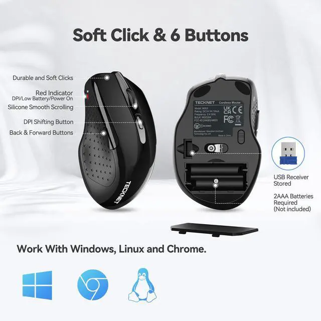 Alt view image 7 of 7 - Wireless Mouse, 2.4G Ergonomic Optical Mouse, Computer Mouse for Laptop, PC, Computer, Chromebook, Notebook, 6 Buttons, 24 Months Battery Life, 2600 DPI, 5 Adjustment Levels - Black